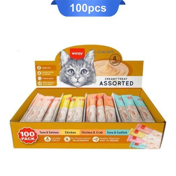 بستنی گربه ونپی میکس 4 طعم مختلف (100 عددی) وزن 1/400 کیلوگرم Wanpy Creamy Treat
