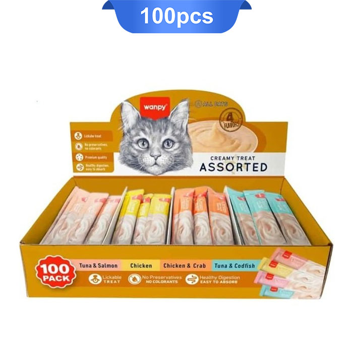 بستنی گربه ونپی میکس 4 طعم مختلف (100 عددی) وزن 1/400 کیلوگرم Wanpy Creamy Treat