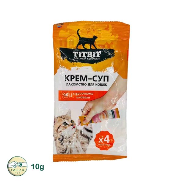بستنی خامهای گربه تیت بیت با تکههای بوقلمون TitBit Creamy Cat Soup بسته 4 عددی وزن 10 گرم